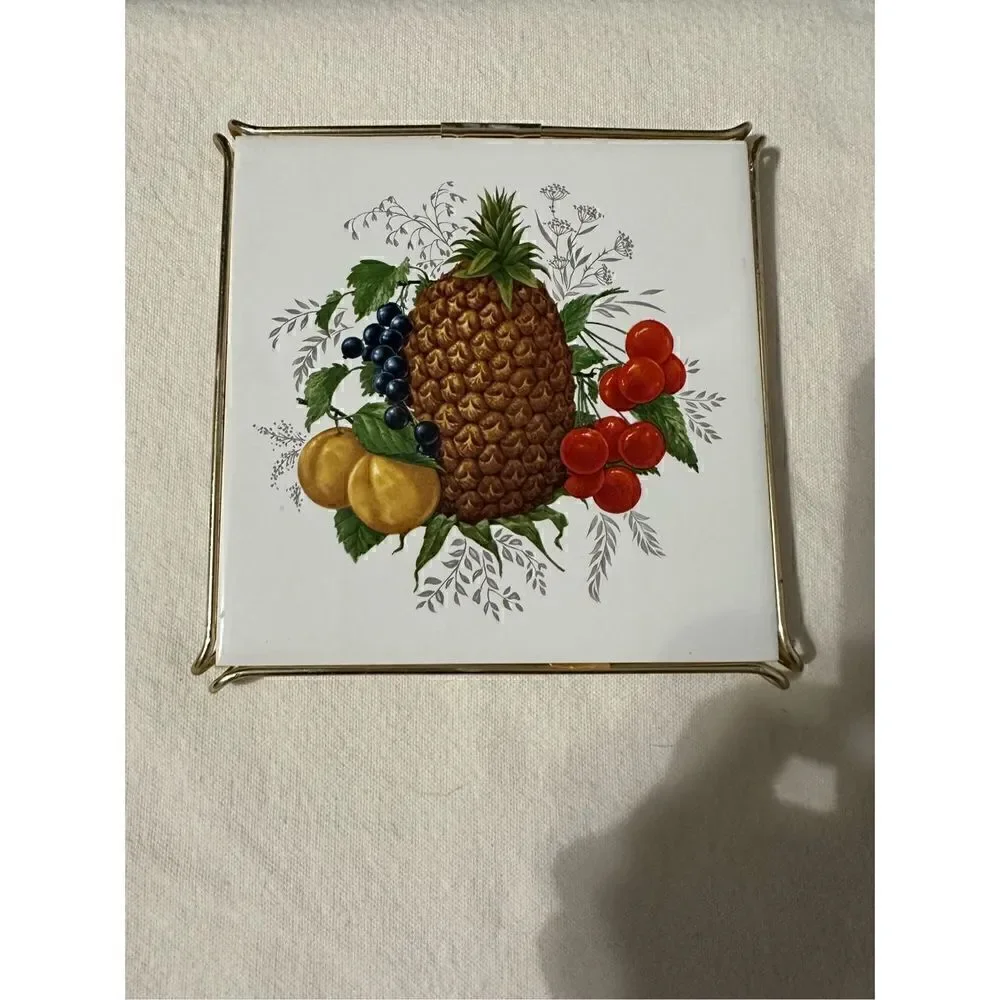 1970 Vintage Fruit Ceramic Tile Framed Artwork Trivets Set of 3